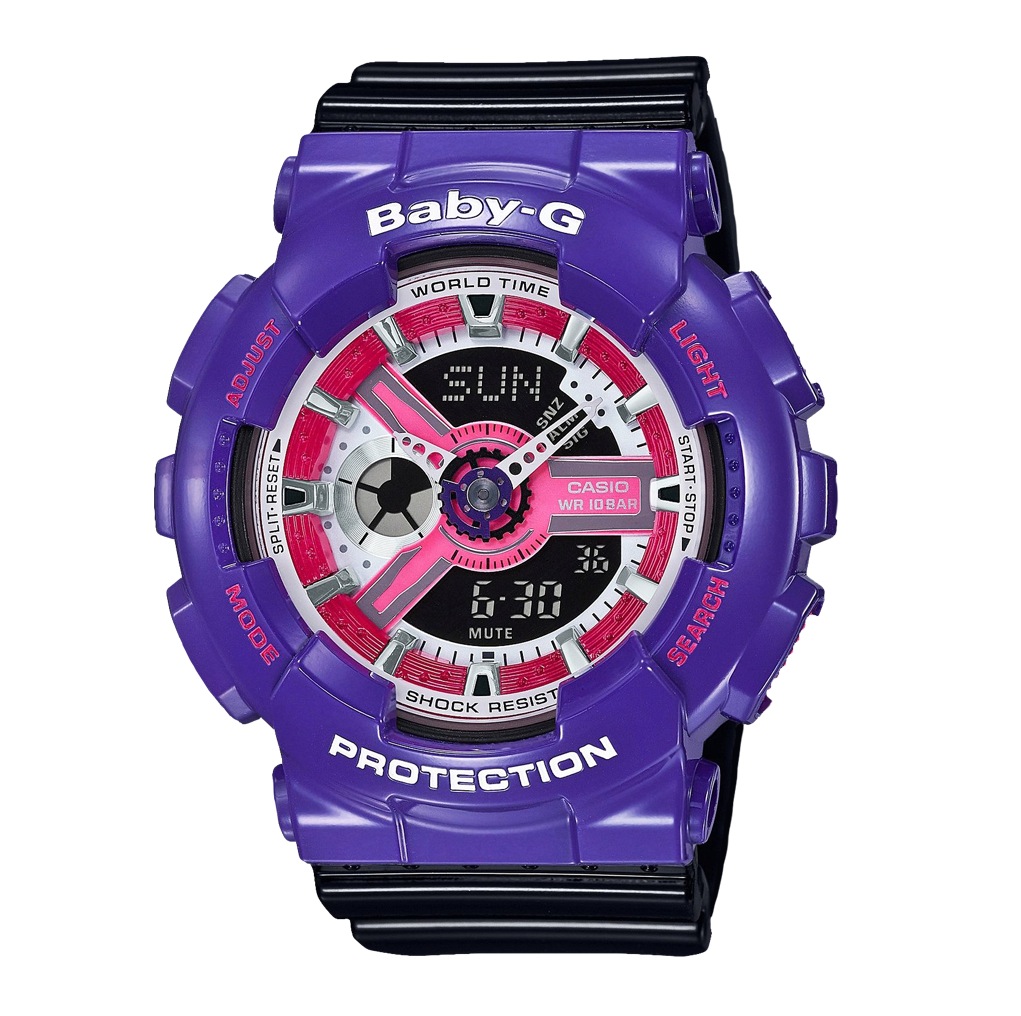 Часы CASIO BA-110NC-6A Часы CASIO BA-110NC-6ABABY-G<br>Пурпурный корпус, розовый циферблат и черный ремешок – перед вами яркая новинка в популярной линейке BABY-G BA-110! Эти бэбики с аналого-цифровым циферблатом можно отнести как к fashion-моделям, так и к рабочим лошадкам, благодаря одной из самой прочных конструкций во всей линейке BABY-G.<br>