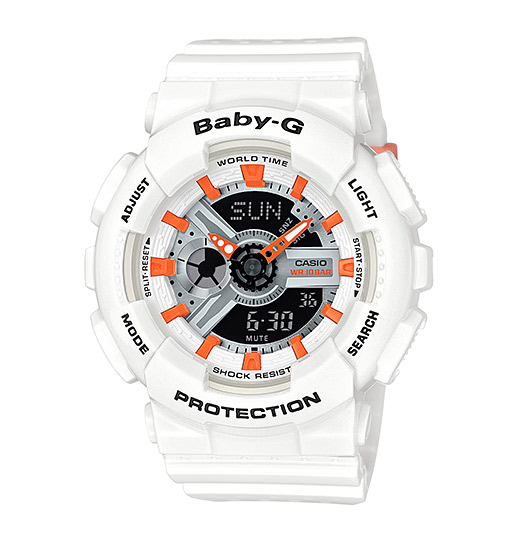 Часы CASIO BA-110PP-7A2 Часы CASIO BA-110PP-7A2BABY-G<br>Очередная спортивная новинка CASIO BABY-G из семейства моделей BA-110 в белом глянцевом корпусе, ярко-оранжевыми деталями циферблата и перфорированным ремешком. Стильная кэжуал-модель, которая может стать вашим ежедневным аксессуаром, гармонично дополняя собой практически любой лук!<br>