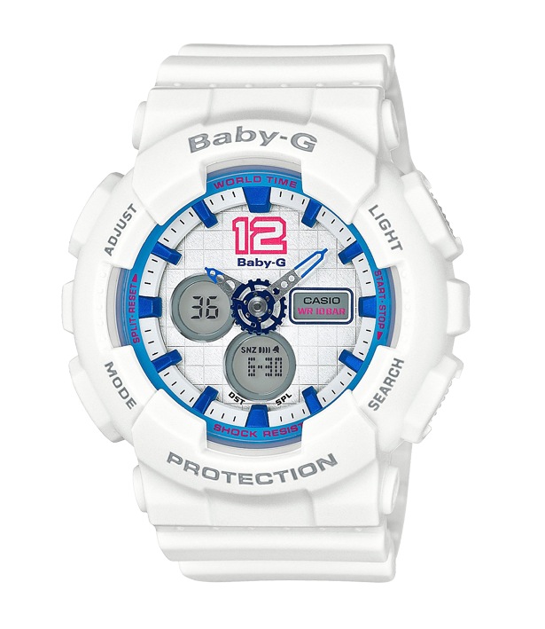 Часы CASIO BA-120-7B Часы CASIO BA-120-7BBABY-G<br>Спортивная новинка BABY-G в матовом белом корпусе с внутренним ярко-голубым контуром циферблата отлично подойдет в качестве часов на каждый день или станет верным партнером во время занятий спорта и активного времяпровождения.<br>