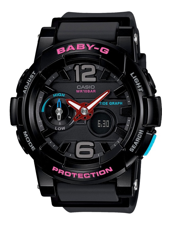 Часы CASIO BGA-180-1B Часы CASIO BGA-180-1BBABY-G<br>Ежечасный сигнал, отображение сведений о приливах и отливах, функция включения/отключения звука кнопок; элемент питания SR726W x 2, срок службы батареек 2 года, отличные часы для бурных вечеринок.<br>