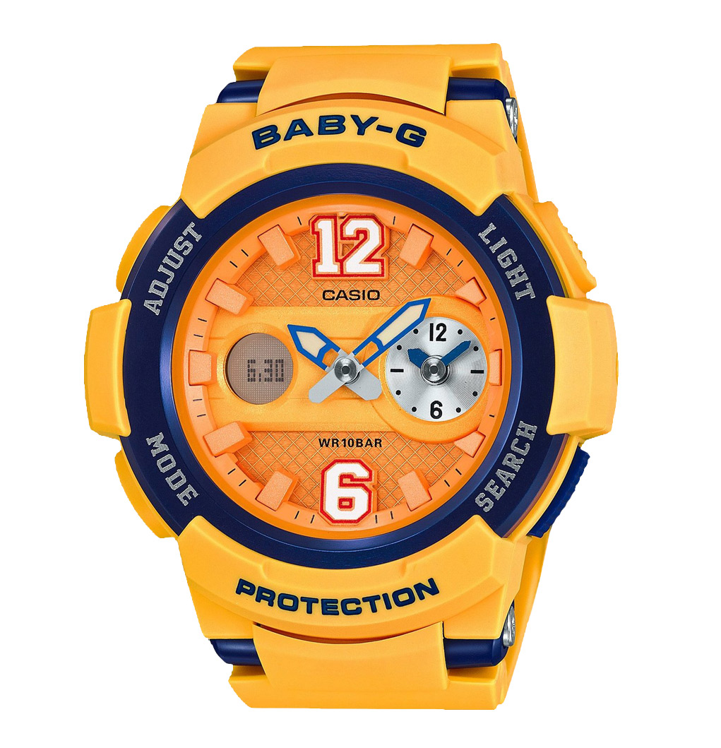 Часы CASIO BGA-210-4B Часы CASIO BGA-210-4BBABY-G<br>Яркая спортивная новинка BABY-G из семейства моделей BGA-210 с желто-оранжевым корпусом и циферблатом и синими деталями безеля. Солнечный ежедневый аксессуар для городского лайфстайла, с которым можно не расставаться ни на тренировках, ни в бассейне, ни на пятничной вечеринке!<br>