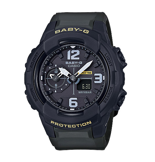 Часы CASIO BGA-230-3B Часы CASIO BGA-230-3BBABY-G<br>Представляем релиз октября 2016 года из серии BGA-230 в трендовой милитари стилистике: в черном корпусе с зеленым, цвета хаки, ремешком! Благодаря функции Dual Time, отображающей время сразу в двух часовых поясах, эти бебики отлично подойдут для активных, часто путешествующих женщин, а благодаря своей абсолютной ударопрочности и влагозащите их можно не снимать даже во время самых активных тренировок.
<br>Если путешествие и спорт не для вас, не беда, эти часы украсят запястье своей хозяйки и станут стильным аксессуаром на каждый день!<br>