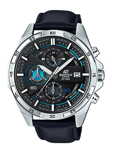 Часы CASIO EFR-556L-1A Часы CASIO EFR-556L-1AEDIFICE<br>Новинка Edifice с темным циферблатом и яркими голубыми деталями на ремешке из черной натуральной кожи. Помимо современного дизайна на борту водонепроницаемость до 100 метров и аккумулятор сроком службы в 3 года.<br>