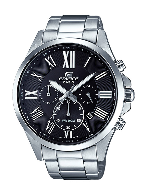 Часы CASIO EFV-500D-1A Часы CASIO EFV-500D-1AEDIFICE<br>Стильная и лаконичная стальная модель Edifice с черным циферблатом и римскими цифрами на нем. Часы оснащены минеральным стеклом, защищающим дисплей от механических повреждений, крышкой с винтовым фиксатором и водозащитой до 100 метров. Точность хода гарантирована в пределах ±20 секунд в месяц, а специальное светящееся нанесение позволит комфортно пользоваться девайсом даже в ночное время суток.<br>