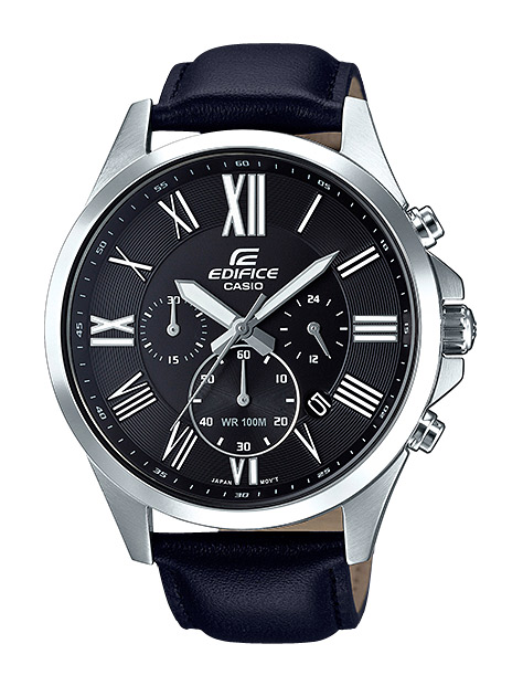 Часы CASIO EFV-500L-1A Часы CASIO EFV-500L-1AEDIFICE<br>Стильная и лаконичная стальная модель Edifice на кожаном ремешке с черным циферблатом и римскими цифрами на нем. Часы оснащены минеральным стеклом, защищающим дисплей от механических повреждений, крышкой с винтовым фиксатором и водозащитой до 100 метров. Точность хода гарантирована в пределах ±20 секунд в месяц, а специальное светящееся нанесение позволит комфортно пользоваться девайсом даже в ночное время суток.<br>