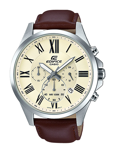 Часы CASIO EFV-500L-7A Часы CASIO EFV-500L-7AEDIFICE<br>Стильная и лаконичная стальная модель Edifice на каждый день с коричневым кожаным ремешком, нежно-желтым циферблатом с римскими цифрами на нем. Часы оснащены минеральным стеклом, защищающим дисплей от механических повреждений, крышкой с винтовым фиксатором и водозащитой до 100 метров. Точность хода гарантирована в пределах ±20 секунд в месяц, а специальное светящееся нанесение позволит комфортно пользоваться девайсом даже в ночное время суток.<br>