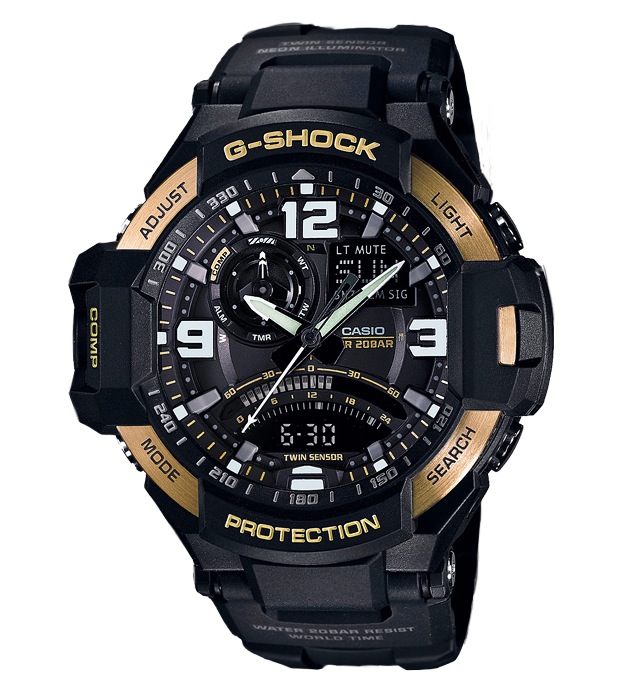 Часы CASIO GA-1000-9G Часы CASIO GA-1000-9GG-PREMIUM<br>Черные джишоки из <a href=&amp;quot;/all-gshock/g-shock-gravitymaster/&amp;quot;>серии GRAVITYMASTER™</a> с безелем в золотом цвете – это одна из вершин джишокостроения на сегодня благодаря передовым технологиям в начинке и сверхсовременному дизайну.
<br>
<br>Напомним, что GRAVITYMASTER™ – это профессиональная серия джишоков, рожденных противостоять стихии воздуха, джишоки данной серии подходят людям, связанным с авиацией и иной деятельностью, где необходимо быстро в движении получать всю информацию с датчиков часов.
<br>
<br>На борту защита от воздействия центробежной силы, перегрузок и вибраций, цифровой компас, термометр, индикация низкого заряда батареи и еще более десятка функций.<br>