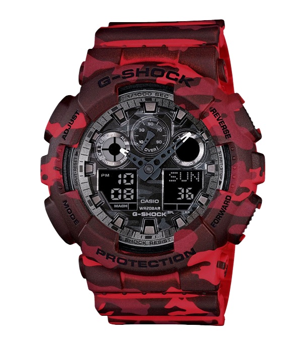 Часы CASIO GA-100CM-4A Часы CASIO GA-100CM-4AG-SPECIALS<br>Великолепный дизайн в ALL-ROUND камуфляжном принте темно-красного оттенка. В этой ограниченной серии CASIO впервые покрыла камуфляжным принтом всю поверхность часов: корпус, ремень и циферблат. Предыдущие камуфляжные модели и серии никогда не имели принта на циферблате.<br>