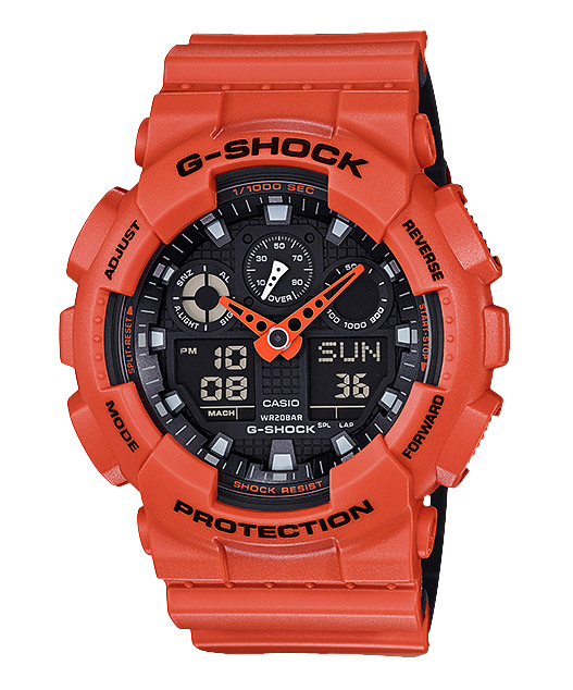 Часы CASIO GA-100L-4A Часы CASIO GA-100L-4AG-CLASSIC<br>Очередная яркая новинка G-SHOCK из <a href=&amp;quot;/all-gshock/g-shock-ga-100/&amp;quot;>серии GA-100</a> в оранжевом корпусе с черным циферблатом и внутренней стороной ремешка.
<br>Впервые в моделях джишок японские дизайнеры покрасили внутреннюю сторону ремешка, таким образом, снаружи ремень имеет оранжевый окрас, а внутри и сбоку — черный.<br>
