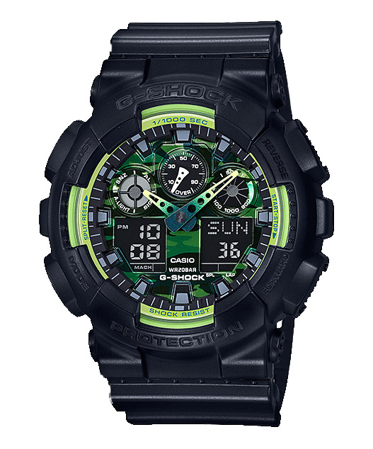 Часы CASIO GA-100LY-1A Часы CASIO GA-100LY-1AG-CLASSIC<br>Матовый черный корпус, камуфляжный циферблат и лаймовые детали циферблата – перед вами стильная новинка в популярной <a href=&amp;quot;/all-gshock/g-shock-ga-100/&amp;quot;>линейке джишоков GA-100</a>! Эти джишоки с аналого-цифровым циферблатом можно отнести как к fashion-моделям, так и к рабочим лошадкам, благодаря одной из самой прочных конструкций во всей линейке G-SHOCK.<br>