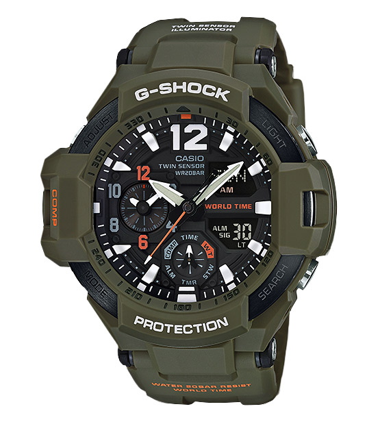 Часы CASIO GA-1100KH-3A Часы CASIO GA-1100KH-3AG-PREMIUM<br>Сверхпрочная многофункциональная модель из <a href=&amp;quot;/all-gshock/g-shock-gravitymaster/&amp;quot;>серии GRAVITYMASTER™</a> является одной из вершин джишокостроения. Брутальный дизайн в оливковом корпусе с оранжевыми деталями циферблата и совершенная техническая начинка делают эти часы одними из флагманов G-SHOCK.
<br>Напоминаем, что GRAVITYMASTER™ – это профессиональная серия джишоков, рожденных противостоять стихии воздуха. Благодаря защите от перегрузок и идеальному интерфейсу, джишоки данной серии подходят людям, связанным с авиацией и иной деятельностью, где необходимо быстро в движении получать всю информацию с датчиков часов.<br>