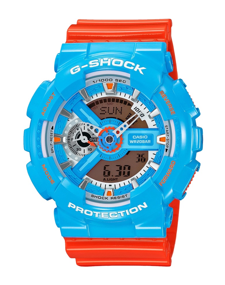 Часы CASIO GA-110NC-2A Часы CASIO GA-110NC-2AG-CLASSIC<br>Голубой корпус и оранжевый ремешок – перед вами яркая и легкомысленная новинка из популярной <a href=&amp;quot;/all-gshock/g-shock-ga-110/&amp;quot;>серии джишоков GA-110</a>! Эти джишоки с аналого-цифровым циферблатом можно отнести как к fashion-моделям, так и к рабочим лошадкам, благодаря одной из самой прочных конструкций во всей линейке G-SHOCK.
<br>Из интересных функций стоит отметить умение определять скорость преодоленного вами пути. Да-да, они еще и умные!<br>