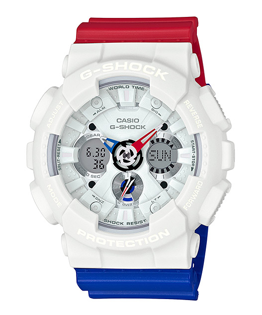 Часы CASIO GA-120TRM-7A Часы CASIO GA-120TRM-7AG-SPECIALS<br>Привлекательная аналого-цифровая новинка из серии G-SHOCK TRICOLOR SERIES™ в трехцветном дизайне, созданная на базе джишоков <a href=&amp;quot;/all-gshock/g-shock-ga-120/&amp;quot;>серии GA-120</a>. Многоуровневый 3D-дизайн циферблата, 2 мини-дисплея, абсолютная противоударность и водозащита до 200 метров, возможность рассчитывать среднюю скорость пройденного вами пути, - все это лишь небольшая часть характеристик данных джишоков.<br>
