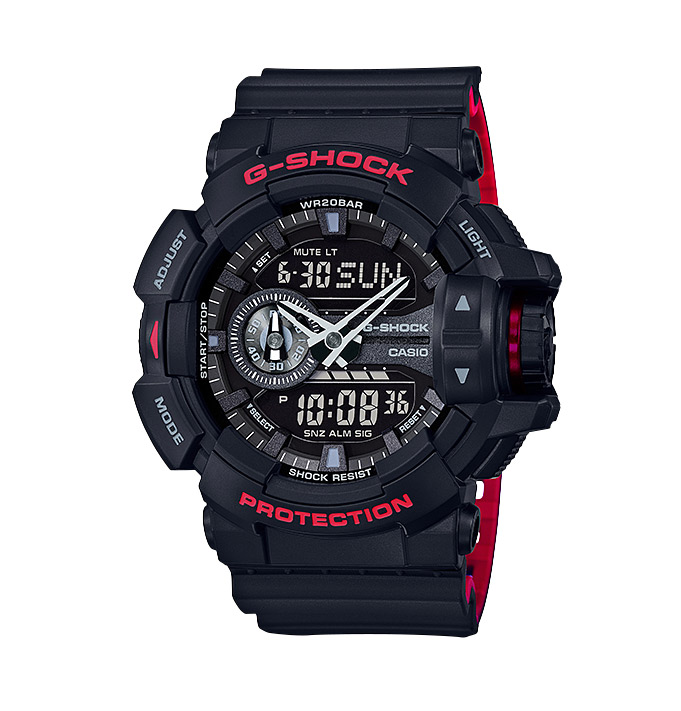 Часы CASIO GA-400HR-1A Часы CASIO GA-400HR-1AG-SPECIALS<br>Нет, они не игрушечные, они просто классные!Но будьте осторожны: данная модель в черном корпусе c ярким красными деталями, как и ее собратья из <a href=&amp;quot;/all-gshock/g-shock-ga-400/&amp;quot;>серии GA-400</a>, способна непроизвольно привлекать внимание у окружающих людей, в чье поле зрения она попадает. Обратите внимание на стильную реализацию внутреннего нанесения ремешка в красном цвете.
<br>Напомним, что <a href=&amp;quot;/all-gshock/g-shock-ga-400/&amp;quot;>серия GA-400</a> имеет второе название BIG CASES SERIES™, что говорит о большом размере корпуса у данных джишоков. Именно сочетание сумасшедших расцветок и нарочито футуристического корпуса делает эти часы ярким аутентичным аксессуаром в мире уличной моды.<br>