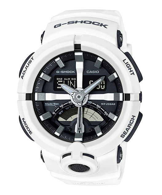 Часы CASIO GA-500-7A Часы CASIO GA-500-7AG-CLASSIC<br>Представляем аналого-цифровую новинку 2016 года из <a href=&amp;quot;http://www.g-store.ru/all-gshock/g-shock-ga-500/&amp;quot;>серии GA-500</a> в белом корпусе и черным циферблатом. Креативный дизайн модели выделяется из всей линейки G-SHOCK. CASIO в своем релизе рассказывает о визуальном отражении в дизайне часов мотивов скейтерских или bmx-овых колес, нам же она навевает скорее баскетбольные ассоциации. Безусловно, релиз данной модели - яркое событие этого года и новый представитель семейства джишок обретет большое количество поклонников по всему миру.
<br>На борту у модели: возможность быстрого запуска секундомера одной кнопкой (большая кнопка под циферблатом), функция мирового времени, возможность сложить стрелки для прочтения информации с цифрового дисплея, светодиодная подсветка, а также стандартные для джишоков ударопрочность и водозащита.<br>