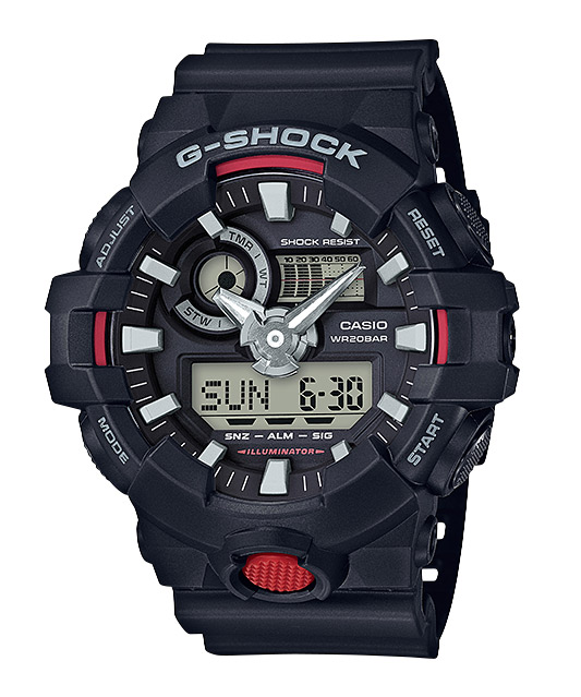 Часы CASIO GA-700-1A Часы CASIO GA-700-1AG-CLASSIC<br>Перед вами аналого-цифровая модель из новой серии <a href=&amp;quot;/all-gshock/g-shock-ga-700/&amp;quot;>G-SHOCK GA-700</a> в стильном и брутальном черном корпусе с красными деталями. Благодаря новому переосмысленному дизайну и крупным стрелкам, часы имеют не только отличный внешний вид, но и обладают действительно удобной индикацией времени. Кнопка подсветки вынесена в самый низ корпуса, как у большинства премиальных моделей джишок, что позволит с легкостью ею воспользоваться даже на ощупь. Не забываем про стандартную для джишоков непревзойденную противоударность и водозащиту.<br>