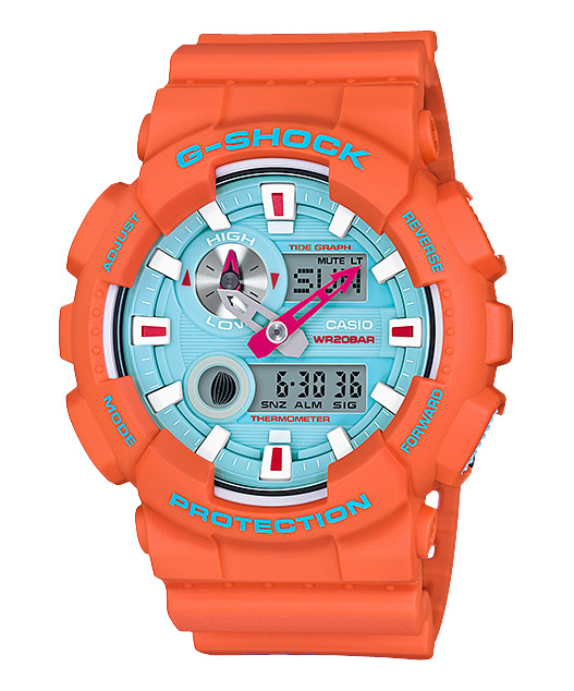 Часы CASIO GAX-100X-4A Часы CASIO GAX-100X-4AG-CLASSIC<br>Лимитированная модель в ярко-оранжевом корпусе с голубыми деталями из <a href=&amp;quot;/all-gshock/g-shock-g-lide/&amp;quot;>серии G-LIDE™</a>, является результатом коллаборации G-SHOCK и гавайского стрит-фешн бренда <a href=&amp;quot;http://in4mants.com&amp;quot;>In4mation</a>. Благодаря сотрудничеству с американским брендом, модель получила уникальную упаковку и яркий аутентичный дизайн. Модель сочетает привычный корпус &amp;quot;соток&amp;quot; и расширенный функционал серферской серии: отображение графика приливов, фаз Луны, а также встроенный термометр.
<br>Напомним, что G-LIDE™ является серферско-скейтерской серией и с помощью встроенных функций позволяет выбирать наилучшие споты для катания.<br>