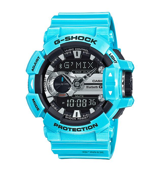 Часы CASIO GBA-400-2C Часы CASIO GBA-400-2CG-SPECIALS<br>Музыкальная новинка G-SHOCK в цвете бирюзовый металлик из серии G&#39;MIX™, отличается не только впечатляющим дизайном и ярким футуристичным видом на руке, но и функциями, среди которых, например, — управление музыкой на вашем смартфоне прямо с джишоков через Bluetooth.<br>