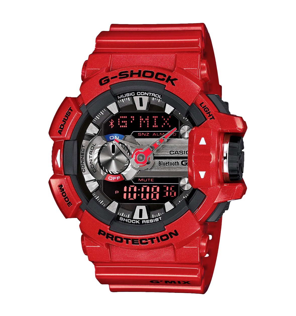 Часы CASIO GBA-400-4A Часы CASIO GBA-400-4AG-SPECIALS<br>Музыкальная новинка G-SHOCK в красном глянцевом корпусе из серии G&#39;MIX™, отличается не только впечатляющим дизайном и ярким футуристичным видом на руке, но и функциями, среди которых, например, — управление музыкой на вашем смартфоне прямо с джишоков через Bluetooth.<br>