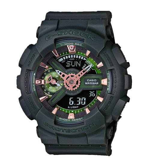Часы CASIO GMA-S110CM-3A Часы CASIO GMA-S110CM-3AG-CLASSIC<br>Женская новинка из <a href=&amp;quot;http://www.g-store.ru/all-gshock/g-shock-gma-s-series/&amp;quot;>серии G-SHOCK S SERIES™</a> с аналого-цифровым циферблатом, выпущенная в 2016 году. Модель отличает стильная расцветка, а именно темно-зеленый корпус со стрелками и деталями циферблата цвета розового золота.
<br>Напомним, что G-SHOCK S SERIES™ — это серия унисексовых и женских джишоков, имеющих меньший размер корпуса, в отличие от остальных часов G-SHOCK, что позволяет им оптимально выглядеть даже на женских запястьях.<br>