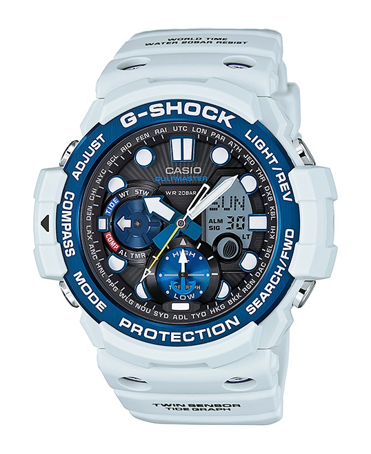 Часы CASIO GN-1000C-8A Часы CASIO GN-1000C-8AG-PREMIUM<br>GULFMASTER™ стал более доступным благодаря новой модели серии! Это младший брат моделей GWN, выполненные в светло-голубом корпусе со стальным синим безелем.
<br><a href=&amp;quot;http://www.g-store.ru/all-gshock/g-shock-gulfmaster/&amp;quot;>G-SHOCK GULFMASTER™</a> – это профессиональная серия джишоков, рожденные противостоять стихии океана.
<br>В отличии от своих старших братьев, эта модель не умеет предсказывать погоду и предупреждать о наступающем ненастье, однако на борту этих джишоков присутствует термометр, цифровой компас, график приливов и отливов и фаз Луны и еще более десятка функций.<br>