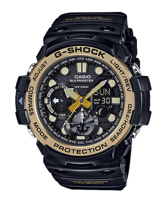 Часы CASIO GN-1000GB-1A Часы CASIO GN-1000GB-1AG-PREMIUM<br>GULFMASTER™ стал более доступным благодаря новой модели серии! Это младший брат моделей GWN, выполненные в черном корпусе с золотым безелем.
<br><a href=&amp;quot;http://www.g-store.ru/all-gshock/g-shock-gulfmaster/&amp;quot;>G-SHOCK GULFMASTER™</a> – это профессиональная серия джишоков, рожденные противостоять стихии океана.
<br>В отличии от своих старших братьев, эта модель не умеет предсказывать погоду и предупреждать о наступающем ненастье, однако на борту этих джишоков присутствует термометр, цифровой компас, график приливов и отливов и фаз Луны и еще более десятка функций.<br>