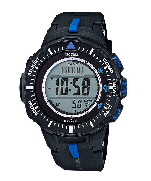 Часы CASIO PRG-300-1A2 Часы CASIO PRG-300-1A2PRO TREK<br>Черные протреки из <a href=&amp;quot;/all-gshock/protrek-prg-300/&amp;quot;>серии PRG-300</a> в круглом корпусе из стали и пластика с синими деталям отлично подойдут для путешествий, трекинга или хайкинга. Данная модель обладает термометром, барометром и высотомером с графиком набора высоты, солнечной батареей и еще более десятком функций. Ударопрочное минеральное стекло и защита от влаги гарантируют высокую надежность девайса.<br>