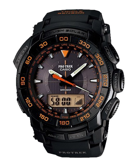 Часы CASIO PRG-550-1A4 Часы CASIO PRG-550-1A4PRO TREK<br>Черные аналого-цифровые протреки с яркими оранжевыми деталями циферблата, станут вашими надежными партнерами в путешествиях, восхождениях и иных экстримальных и не только ситуациях. В модели есть барометр, термометр, высотомер, цифровой компас, солнечная батарея и еще более десятка функий. Широкий технический арсенал модели обеспечивают удобство в использовании в любых условиях. Водонепроницаемые и ударопрочные.<br>