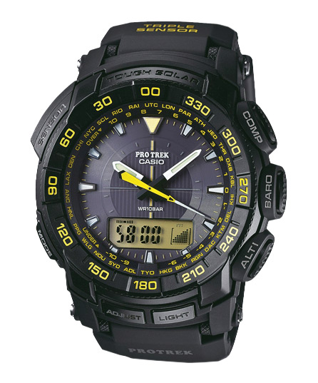 Часы CASIO PRG-550-1A9 Часы CASIO PRG-550-1A9PRO TREK<br>Черные аналого-цифровые протреки с яркими желтыми деталями циферблата, станут вашими надежными партнерами в путешествиях, восхождениях и иных экстримальных и не только ситуациях. В модели есть барометр, термометр, высотомер, цифровой компас, солнечная батарея и еще более десятка функий. Широкий технический арсенал модели обеспечивают удобство в использовании в любых условиях. Водонепроницаемые и ударопрочные.<br>