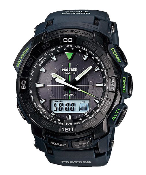Часы CASIO PRG-550-2E Часы CASIO PRG-550-2EPRO TREK<br>Черные аналого-цифровые протреки с яркими зелеными деталями циферблата, станут вашими надежными партнерами в путешествиях, восхождениях и иных экстримальных и не только ситуациях. В модели есть барометр, термометр, высотомер, цифровой компас, солнечная батарея и еще более десятка функий. Широкий технический арсенал модели обеспечивают удобство в использовании в любых условиях. Водонепроницаемые и ударопрочные.<br>