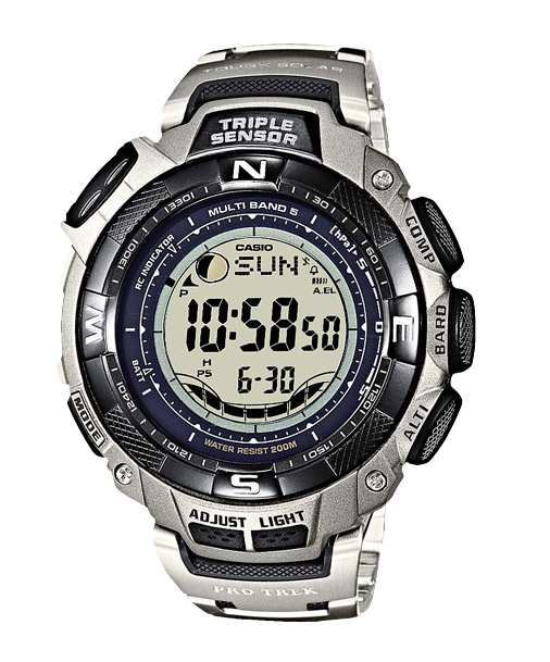Часы CASIO PRW-1500T-7V Часы CASIO PRW-1500T-7VPRO TREK<br>Да-да, это одна из самых функциональных цифровых моделей PROTREK! Помимо &quot;стандартных&quot; для протреков барометра, термометра, высотомера и компаса, данные часы располагают данными о фазе Луны, отображением приливов и отливов, а также радио-синхронизацией с атомными часами на разных континентах. Добавьте сюда солнечную батарею, водонепроницаемость, устойчивость к низким температурам и титановый браслет, чтобы понять, насколько они действительно хороши!<br>