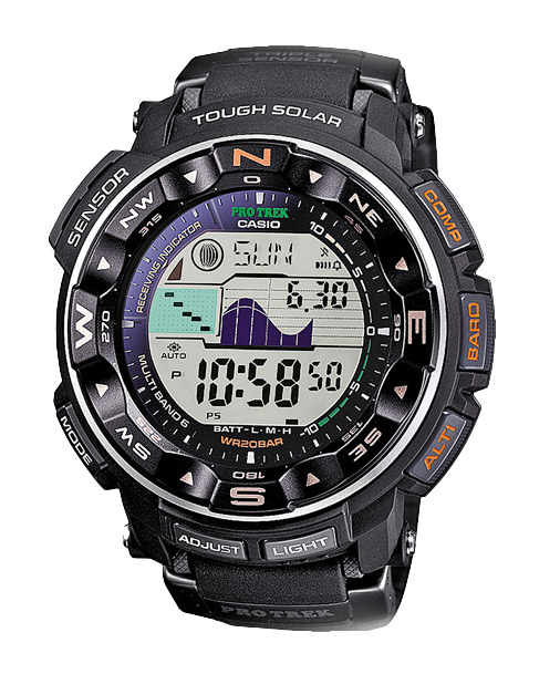 Часы CASIO PRW-2500-1E Часы CASIO PRW-2500-1EPRO TREK<br>Эти черные протреки имеют совершенную техническую начинку и подойдут для любого восхождения, путешествия или выезда на природу. Только вдумайтесь: барометр, термометр, высотомер и цифровой компас, данные о фазе Луны и приливах, а также радио-синхронизацией с атомными часами на разных континентах. Добавьте сюда солнечную батарею, водонепроницаемость и устойчивость к низким температурам, чтобы понять, насколько хороша эта модель!<br>
