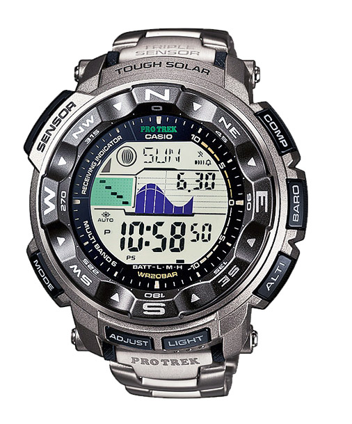 Часы CASIO PRW-2500T-7E Часы CASIO PRW-2500T-7EPRO TREK<br>Эти цифровые протреки имеют совершенную техническую начинку и подойдут для любого восхождения, путешествия или выезда на природу. Только вдумайтесь: барометр, термометр, высотомер и цифровой компас, данные о фазе Луны и приливах, а также радио-синхронизацией с атомными часами на разных континентах. Добавьте сюда солнечную батарею, водонепроницаемость и устойчивость к низким температурам и титановый браслет, чтобы понять, насколько хороша эта модель!<br>