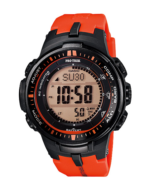 Часы CASIO PRW-3000-4E Часы CASIO PRW-3000-4EPRO TREK<br>Эта модель в черном корпусе с оранжевыми деталями и ремешком относится к последнему поколению PROTREK из <a href=&amp;quot;/all-gshock/protrek-prw-3000/&amp;quot;>серии PRW-3000</a>. Часы отличает компактность, которой не могли похвастать их предшественники. CASIO удалось усовершенствовать свой Triple Sensor, он стал еще меньше, а находящиеся в нем термометр, барометр, высотомер и компас стали еще точнее и энерго-эффективнее. Дополните это солнечной батареей, радио-синхронизацией и водозащитой до 100 метров, - все это лишь половина функций данной модели.<br>