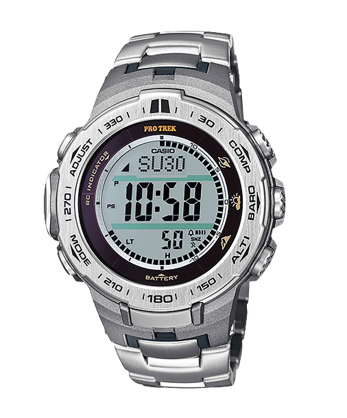 Часы CASIO PRW-3100T-7E Часы CASIO PRW-3100T-7EPRO TREK<br>Перед вами модель с титановым браслетом из нового поколения часов PROTREK — <a href=&amp;quot;/all-gshock/protrek-prw-3000/&amp;quot;>серии PRW-3000</a>. Их отличает компактность, которой не могли похвастать предшественники. CASIO удалось усовершенствовать свой Triple Sensor, он стал еще меньше, а находящиеся в нем термометр, барометр, высотомер и компас стали еще точнее и энерго-эффективнее. Дополните это солнечной батареей, радио-синхронизацией и водозащитой до 100 метров, - все это лишь половина функций данной модели.
<br>В отличие от предыдущей серии PRW-3000, в серии PRW-3100 у часов появился более совершенный дисплей, позволяющий комфортно считывать данные с более широких углов просмотра, также модель оснащена стальным безелем и немного тоньше своих предшественников.<br>