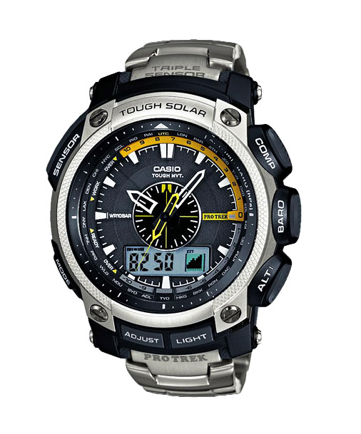 Часы CASIO PRW-5000T-7E Часы CASIO PRW-5000T-7EPRO TREK<br>Эти аналого-цифровые протреки на титановом браслете с желтыми деталями циферблата имеют многолетнюю историю и уже успели зарекомендовать себя у любителей туризма и путешествий со всего мира. Возможно они не могут похвастать компактностью, присущей новым поколениям PROTREK, однако в харизматичности и надежности им не откажешь. Конечно начинка вас также не разочарует: работа от солнечной батареи, термометр, барометр, высотомер и цифровой компас, радио-синхронизация времени с атомными часами на разных континентах, все это готово стать вашим!<br>